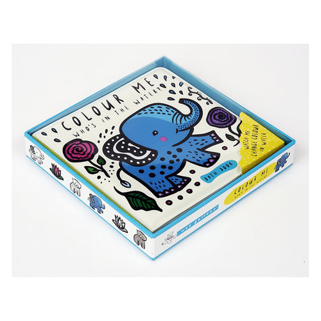 Wee Gallery "Who's in the Water?" color-changing bath book featuring a blue elephant illustration in a gift box.