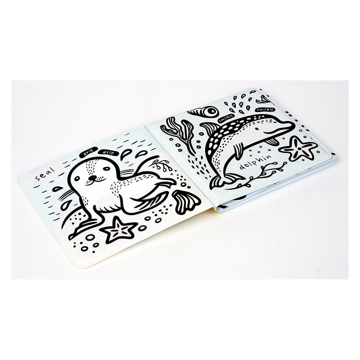 Black and white bath book illustration of a seal and dolphin with sea stars and coral. Simple, direct nautical art.