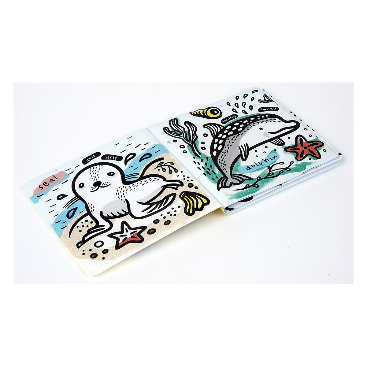 Illustrated children's bath book pages featuring a white seal and a spotted dolphin with colorful sea stars and seaweed.