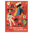 Book cover for "The Who's Who of Grown-Ups" featuring an astronaut and superhero on a red background.
