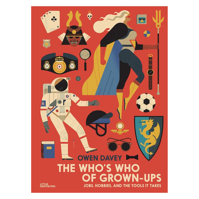 Book cover for "The Who's Who of Grown-Ups" featuring an astronaut and superhero on a red background.