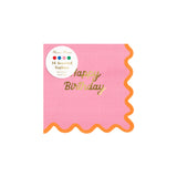 A pack of pink "Happy Birthday" napkins with a wavy orange border, featuring a Meri Meri product label.