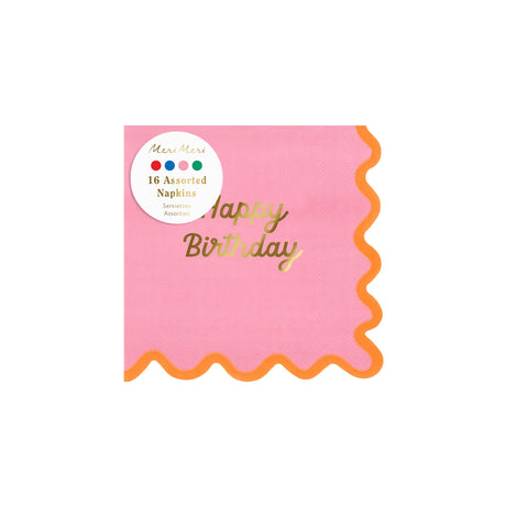 A pack of pink "Happy Birthday" napkins with a wavy orange border, featuring a Meri Meri product label.