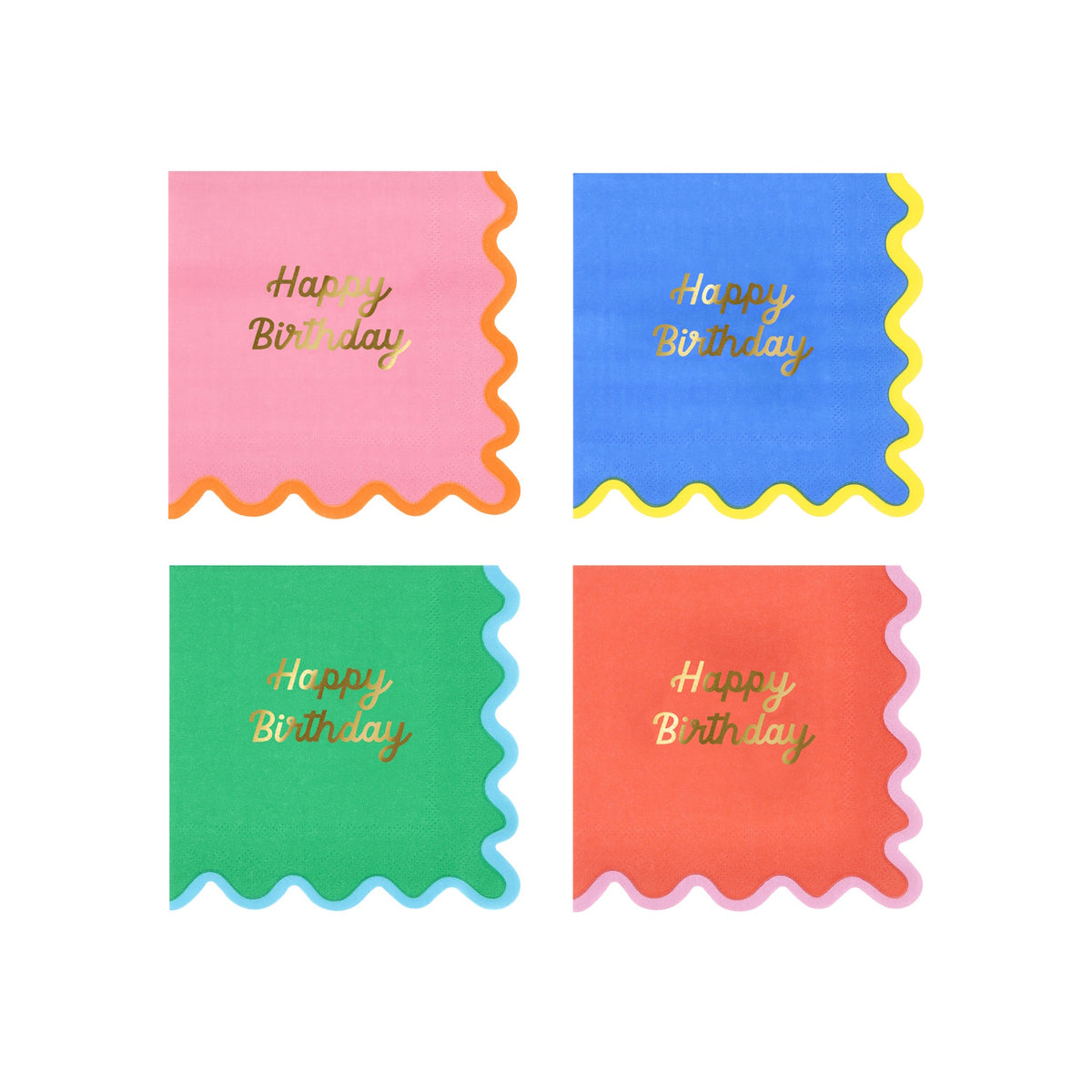 Four colorful Happy Birthday napkins in pink, blue, green, and red with scalloped edges and gold text.