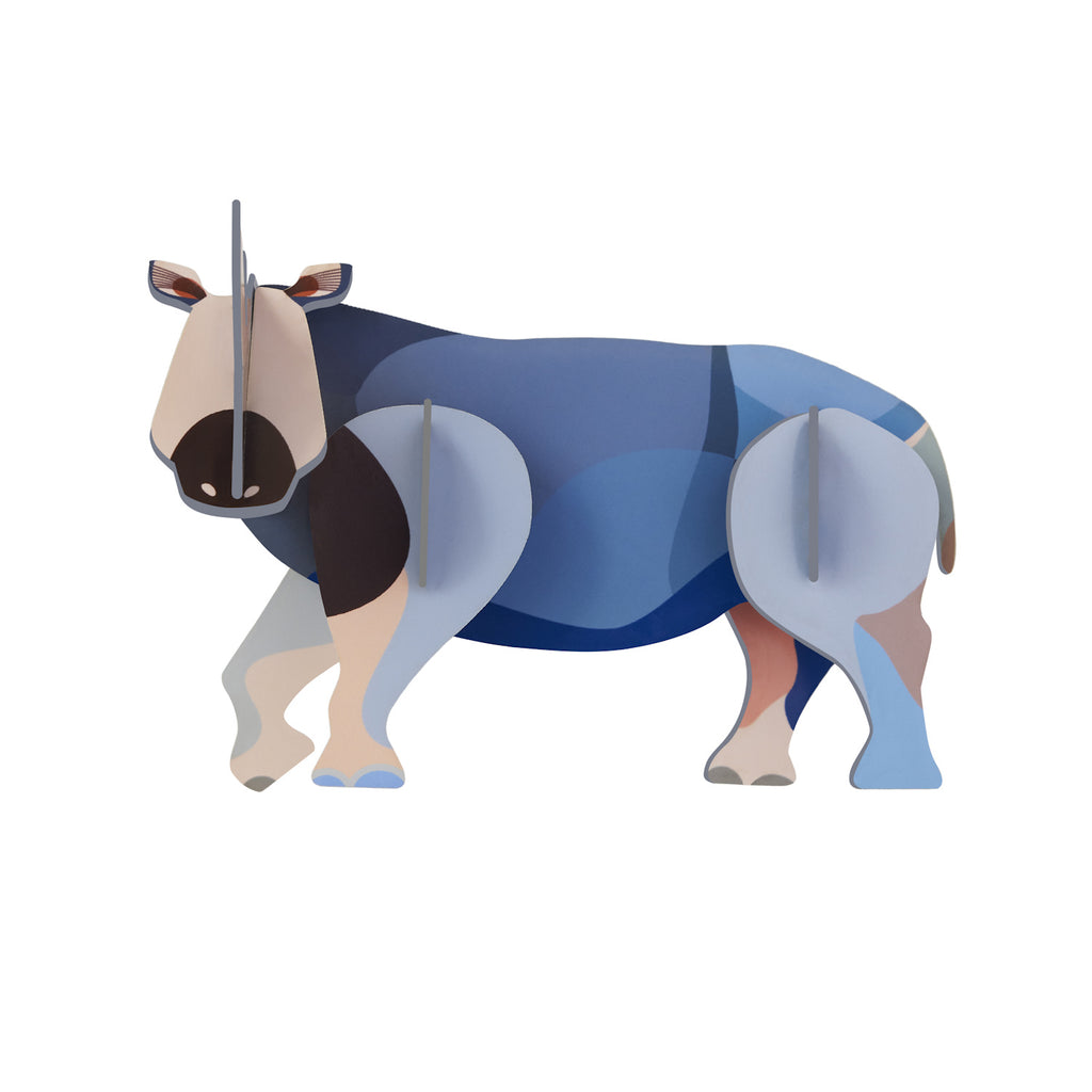 Abstract sculpture of a hippo in shades of blue, gray, and beige. The geometric style and neutral colors create a modern, artistic feel.