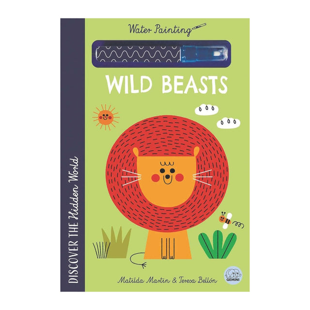 Children's book cover titled "Wild Beasts." Features a smiling, cartoon lion with a large mane, surrounded by simple colorful shapes and playful text.