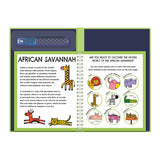 Illustrated children's book about the African Savannah. Left page has text and cartoon animals: a giraffe, lion, and leopard. Right page lists animals with colorful icons: lion, elephant, rhino, giraffe, zebra, crocodile, hippo, wildebeest, leopard. A water marker pen is included for interactive discovery.