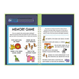 Open book with a memory game on the left page, featuring illustrated animals like lions, meerkats, a snake, and an elephant. The right page describes savannah animals, including a giraffe, cheetah, and zebra, with fun facts. A water marker pen is placed inside the book's cover. The tone is educational and playful.
