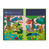Colorful jungle illustration on a spiral notebook, featuring various animals like a sloth, toucan, and jaguar amidst lush greenery. Playful and vibrant.