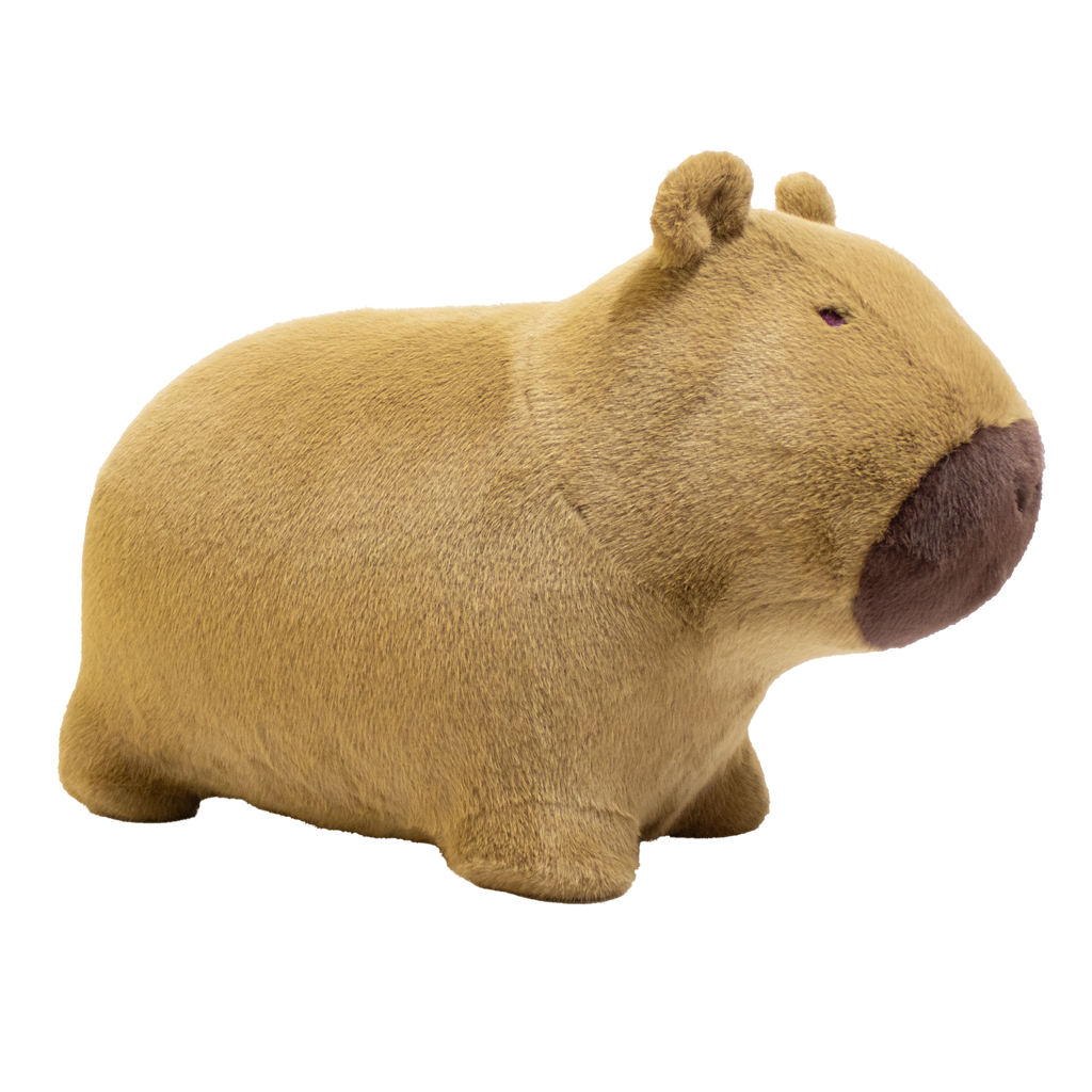 Cute, plush capybara toy against a white background. The toy has soft, golden-brown fur, a rounded snout, and tiny ears, giving a cozy and endearing appearance.