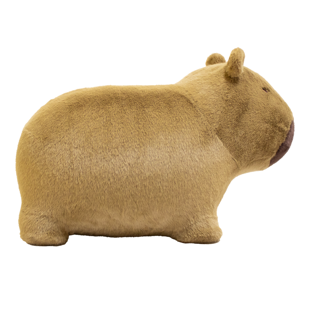 Cute, plush capybara toy against a white background. The toy has soft, golden-brown fur, a rounded snout, and tiny ears, giving a cozy and endearing appearance.