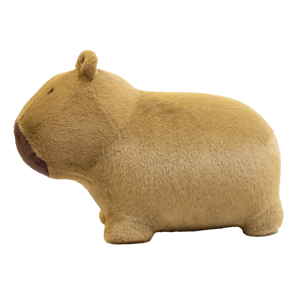 Cute, plush capybara toy against a white background. The toy has soft, golden-brown fur, a rounded snout, and tiny ears, giving a cozy and endearing appearance.