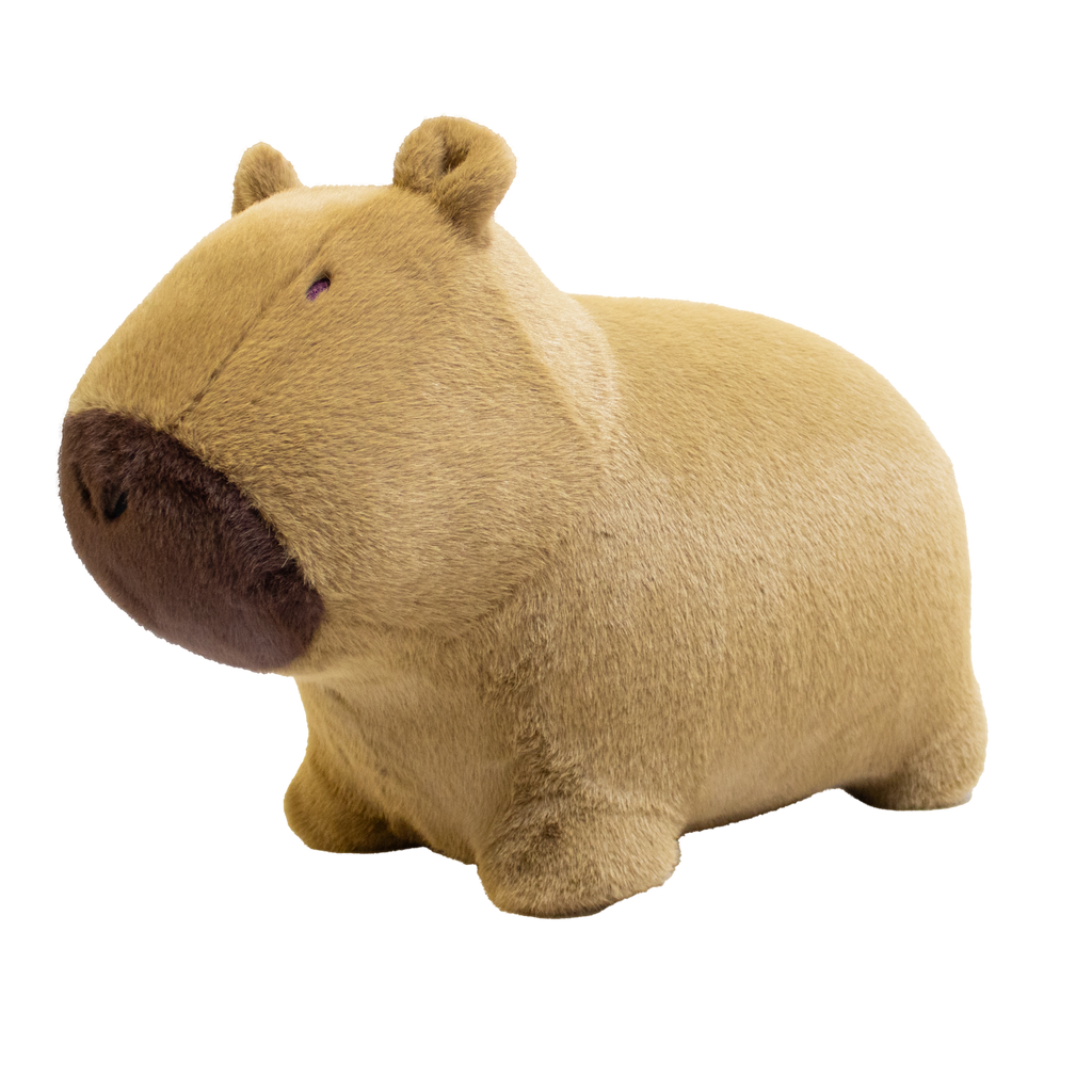 Cute, plush capybara toy against a white background. The toy has soft, golden-brown fur, a rounded snout, and tiny ears, giving a cozy and endearing appearance.