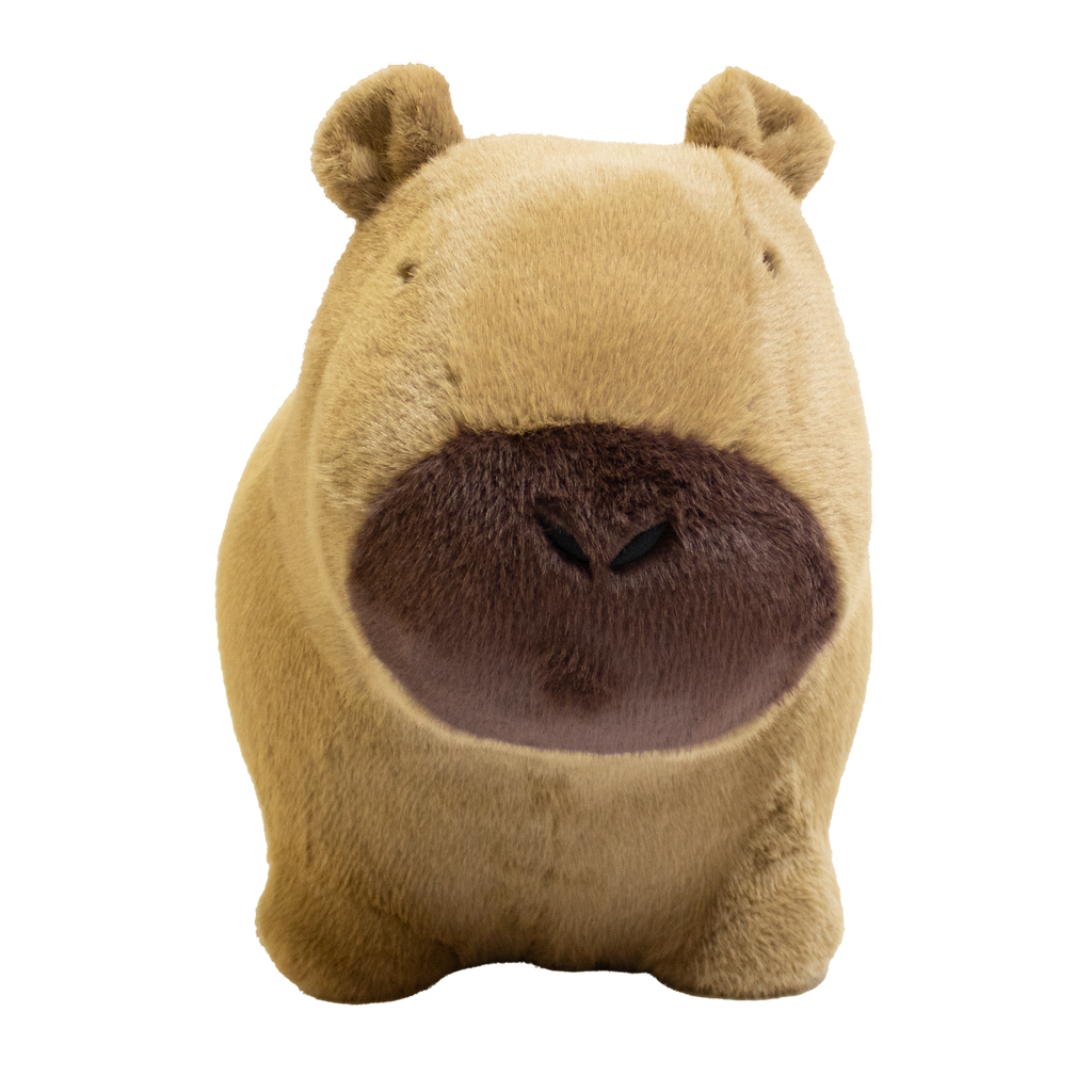 Cute, plush capybara toy against a white background. The toy has soft, golden-brown fur, a rounded snout, and tiny ears, giving a cozy and endearing appearance.