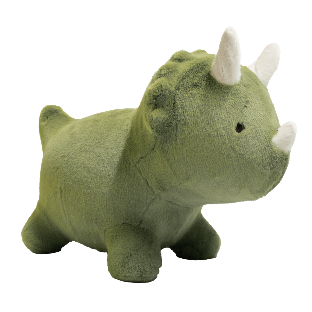 A plush toy shaped like a green triceratops dinosaur with white horns and simple black eyes against a solid white background. Cute and cuddly appearance.