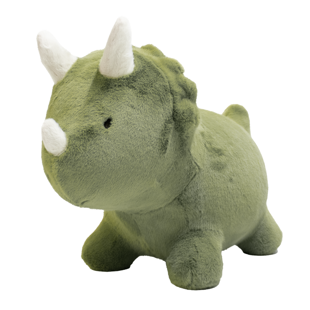 A plush toy shaped like a green triceratops dinosaur with white horns and simple black eyes against a solid white background. Cute and cuddly appearance.