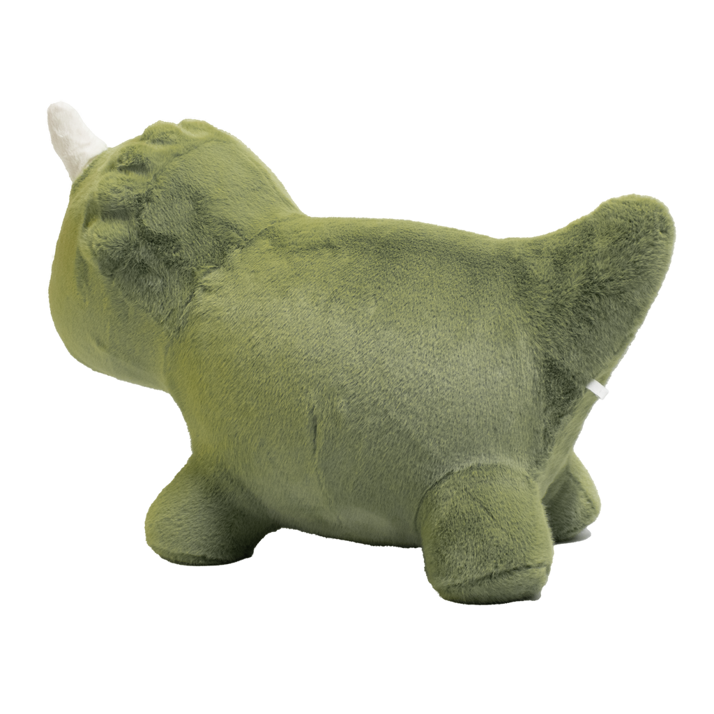 A plush toy shaped like a green triceratops dinosaur with white horns and simple black eyes against a solid white background. Cute and cuddly appearance.