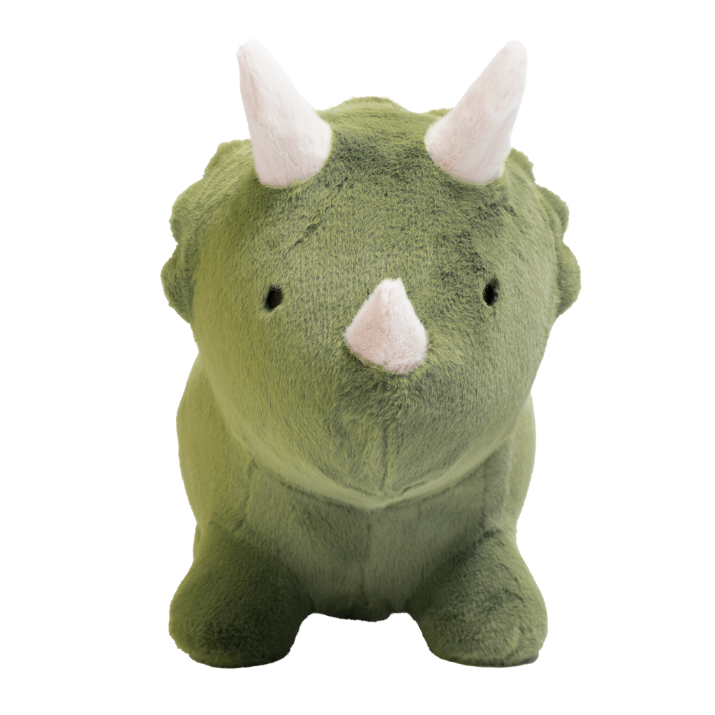 A plush toy shaped like a green triceratops dinosaur with white horns and simple black eyes against a solid white background. Cute and cuddly appearance.