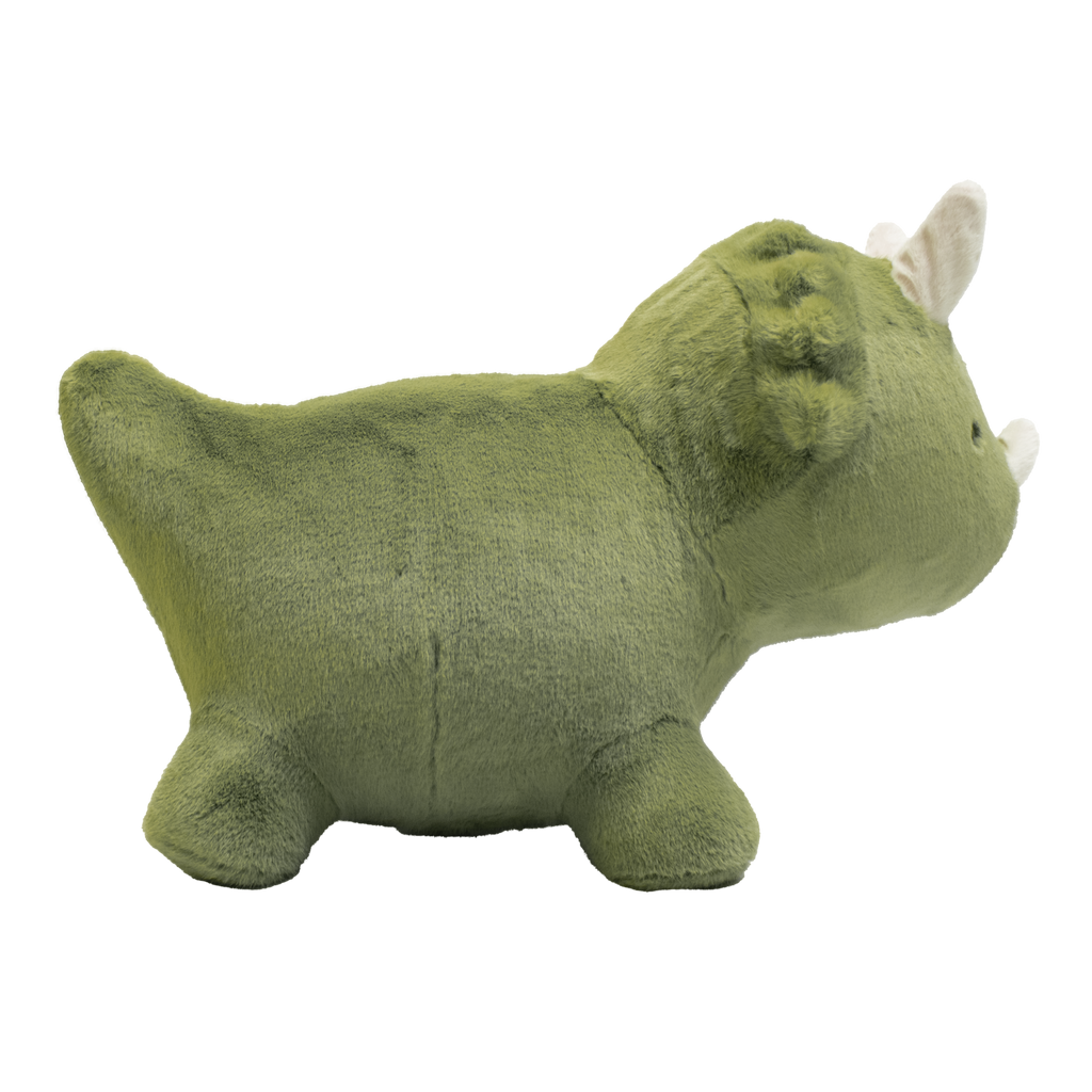 A plush toy shaped like a green triceratops dinosaur with white horns and simple black eyes against a solid white background. Cute and cuddly appearance.