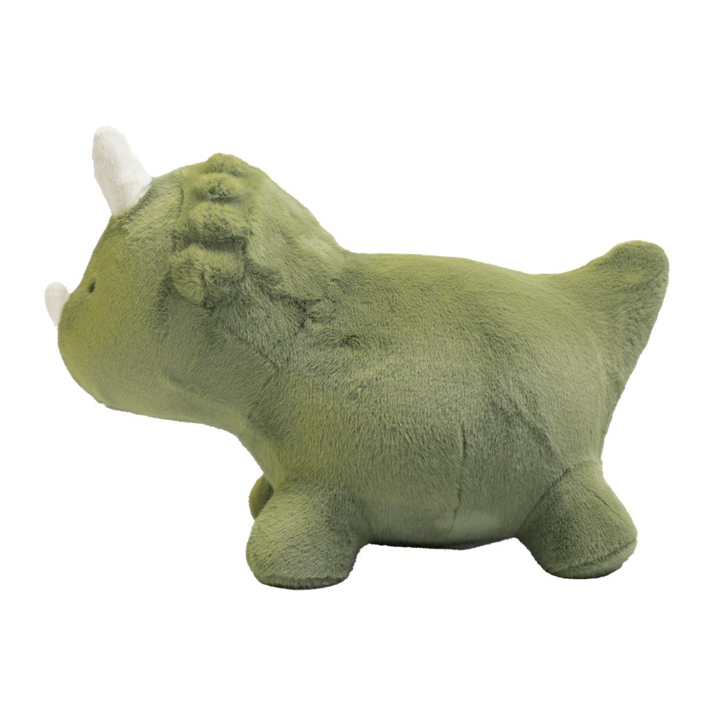 A plush toy shaped like a green triceratops dinosaur with white horns and simple black eyes against a solid white background. Cute and cuddly appearance.