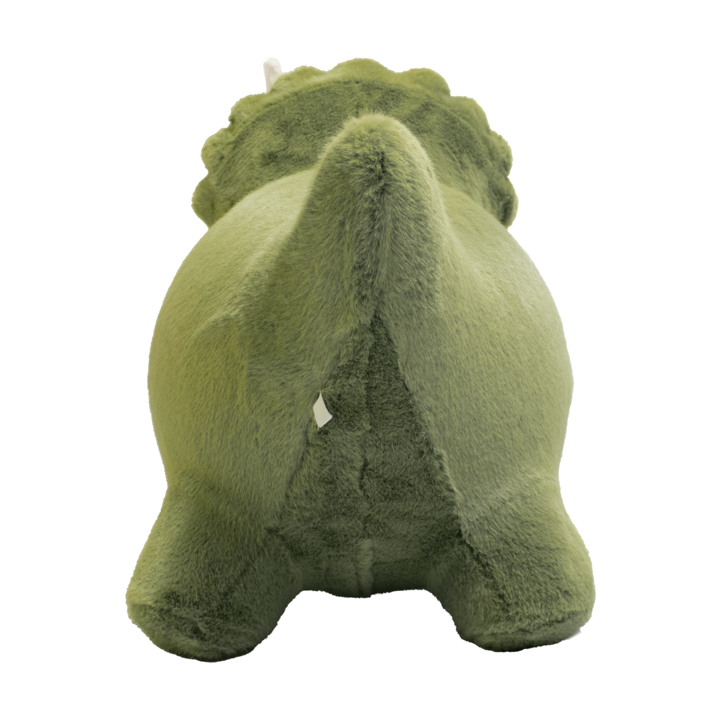 A plush toy shaped like a green triceratops dinosaur with white horns and simple black eyes against a solid white background. Cute and cuddly appearance.