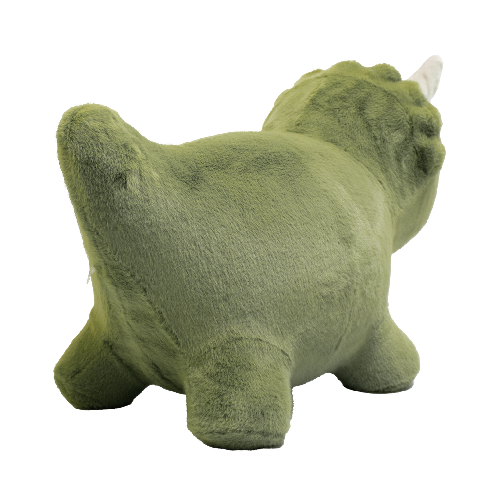 A plush toy shaped like a green triceratops dinosaur with white horns and simple black eyes against a solid white background. Cute and cuddly appearance.