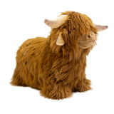 Fluffy brown plush toy resembling a Highland cow, with long fur and curved horns, set against a white background, conveying a cozy and whimsical feel.