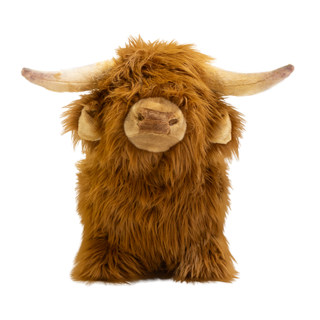 Fluffy brown plush toy resembling a Highland cow, with long fur and curved horns, set against a white background, conveying a cozy and whimsical feel.