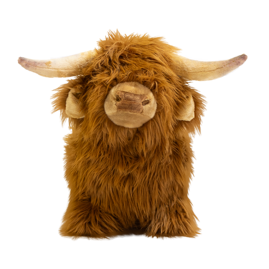 Fluffy brown plush toy resembling a Highland cow, with long fur and curved horns, set against a white background, conveying a cozy and whimsical feel.