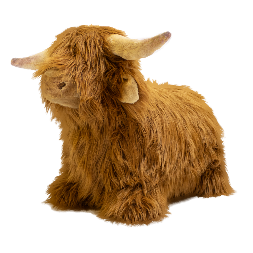 Fluffy brown plush toy resembling a Highland cow, with long fur and curved horns, set against a white background, conveying a cozy and whimsical feel.