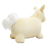 Rear view of a white plush bouncy unicorn toy for kids featuring a fluffy tail on white background.