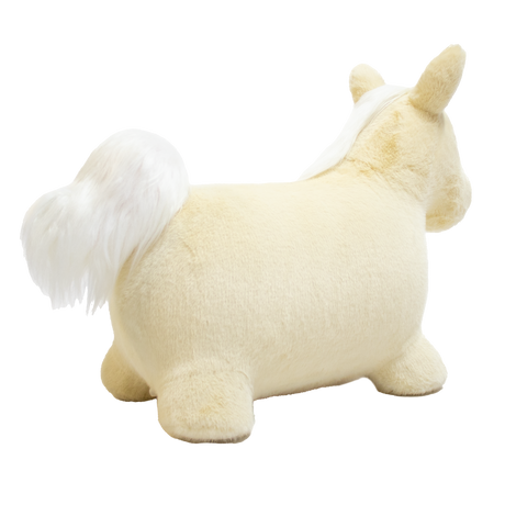 Rear view of a white plush bouncy unicorn toy for kids featuring a fluffy tail on white background.