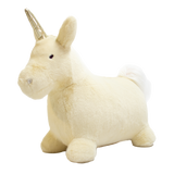 Plush white unicorn bouncy animal hopper toy for kids with a metallic gold horn on a white background.