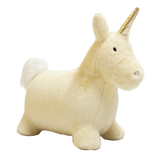 Plush cream unicorn bouncy toy for kids with a gold horn and white tail on a white background.