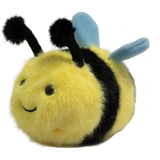 Cute plush bee toy with a fuzzy yellow and black body, smiling face, black antennae, and blue wings, set against a white background.