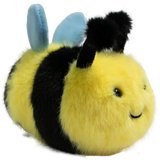 Cute plush bee toy with a fuzzy yellow and black body, smiling face, black antennae, and blue wings, set against a white background.