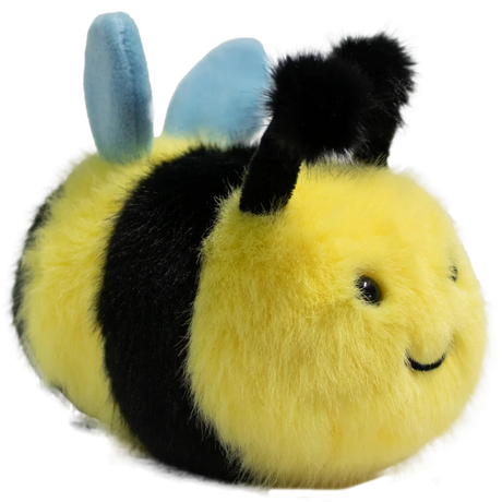 Cute plush bee toy with a fuzzy yellow and black body, smiling face, black antennae, and blue wings, set against a white background.