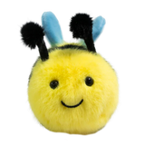 Cute plush bee toy with a fuzzy yellow and black body, smiling face, black antennae, and blue wings, set against a white background.