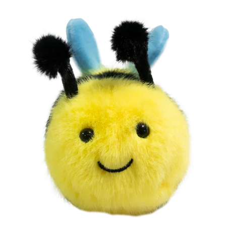 Cute plush bee toy with a fuzzy yellow and black body, smiling face, black antennae, and blue wings, set against a white background.