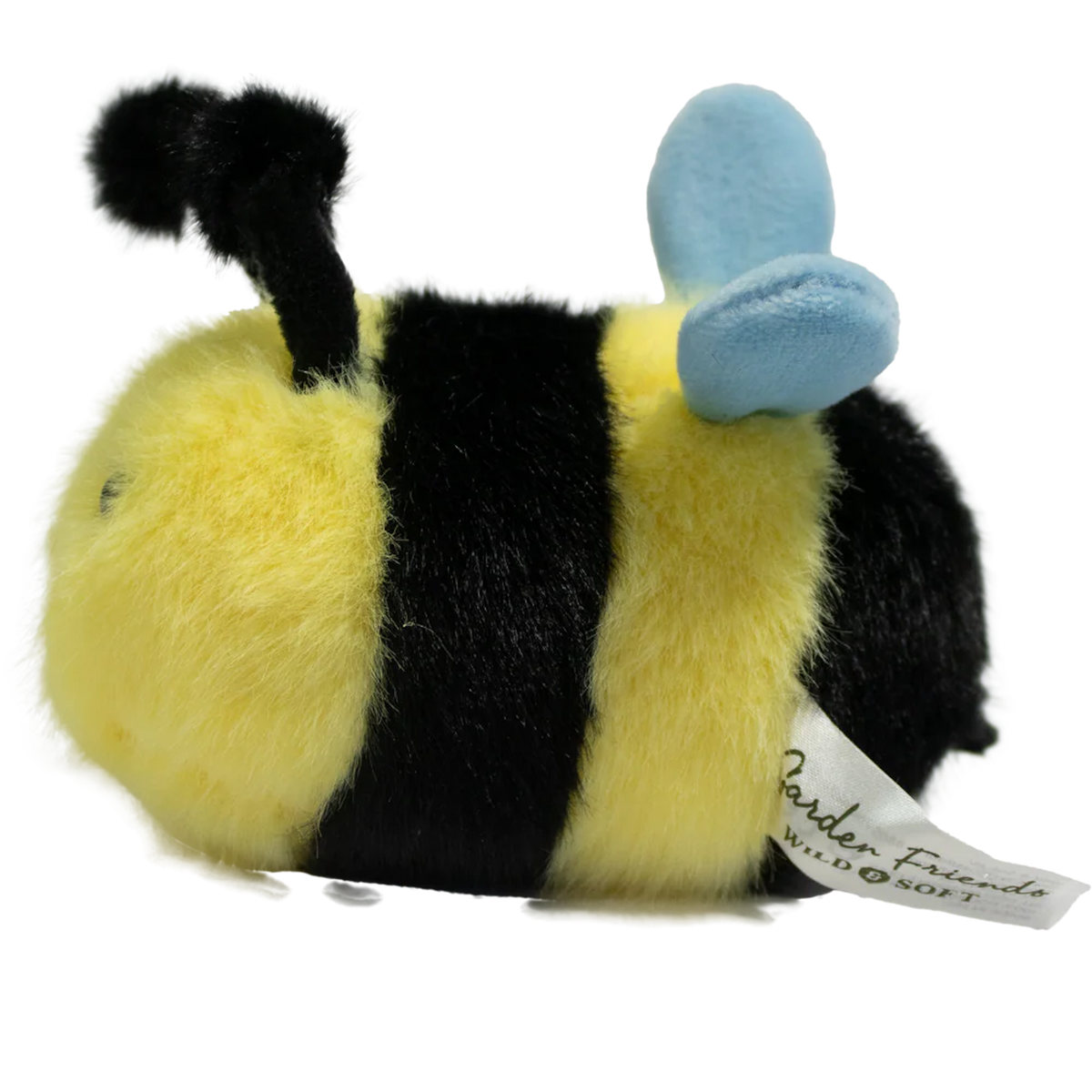 Cute plush bee toy with a fuzzy yellow and black body, smiling face, black antennae, and blue wings, set against a white background.