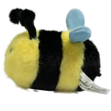 Cute plush bee toy with a fuzzy yellow and black body, smiling face, black antennae, and blue wings, set against a white background.