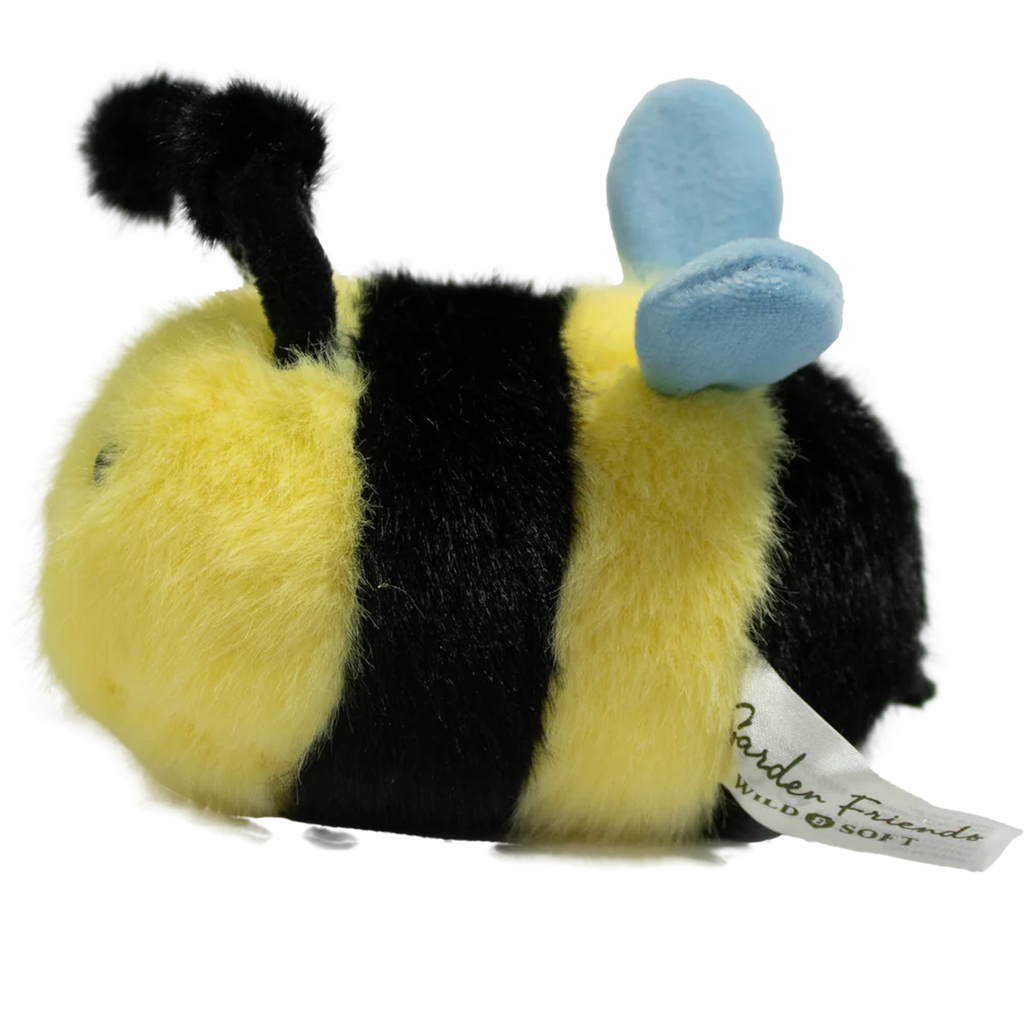 Cute plush bee toy with a fuzzy yellow and black body, smiling face, black antennae, and blue wings, set against a white background.