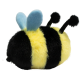 Cute plush bee toy with a fuzzy yellow and black body, smiling face, black antennae, and blue wings, set against a white background.