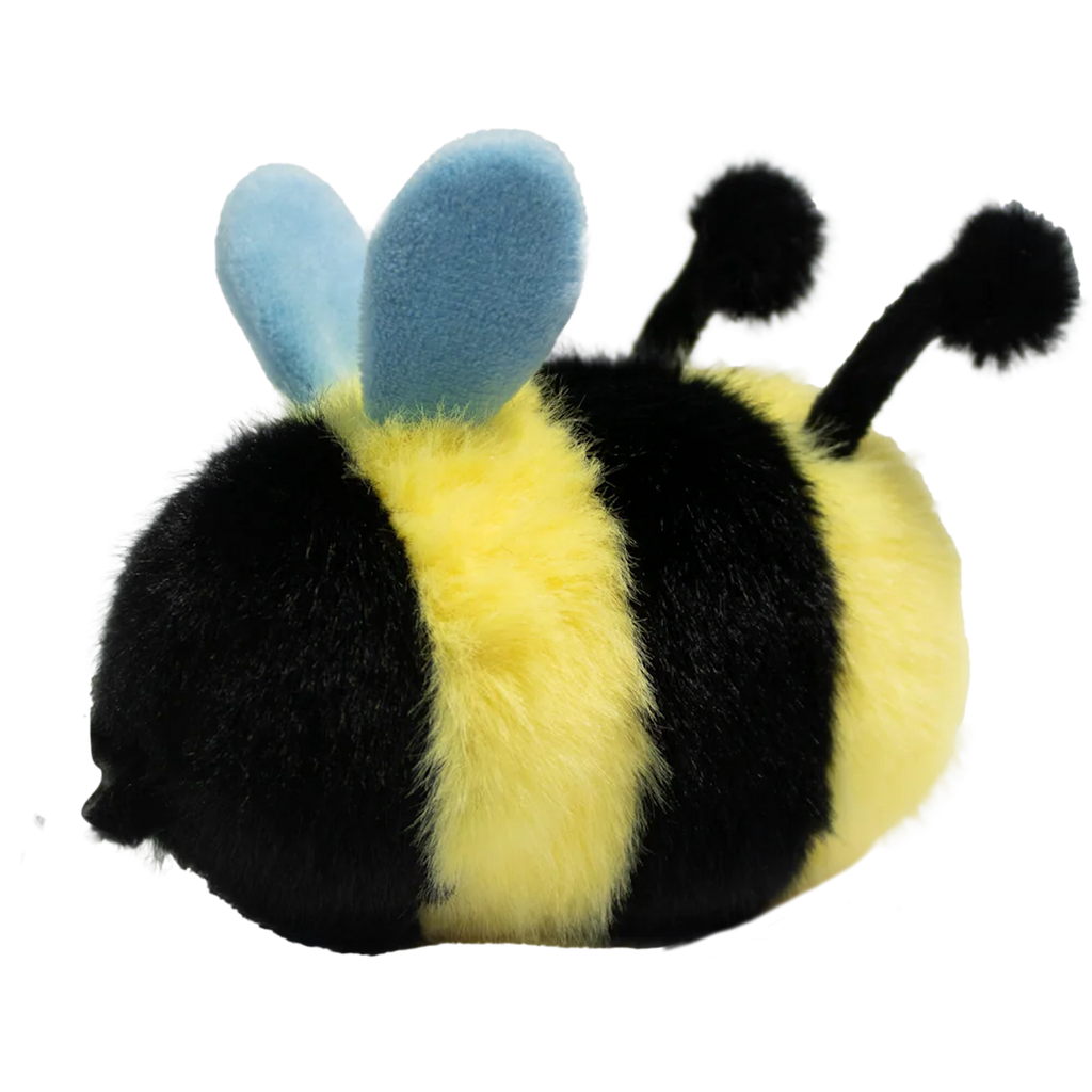 Cute plush bee toy with a fuzzy yellow and black body, smiling face, black antennae, and blue wings, set against a white background.