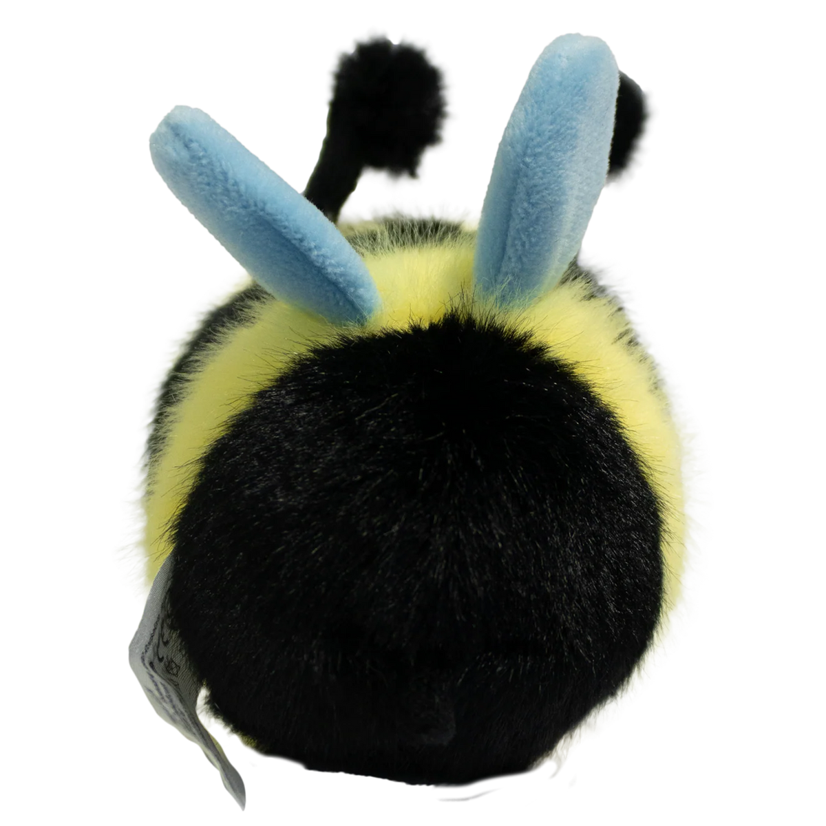 Cute plush bee toy with a fuzzy yellow and black body, smiling face, black antennae, and blue wings, set against a white background.