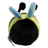 Cute plush bee toy with a fuzzy yellow and black body, smiling face, black antennae, and blue wings, set against a white background.