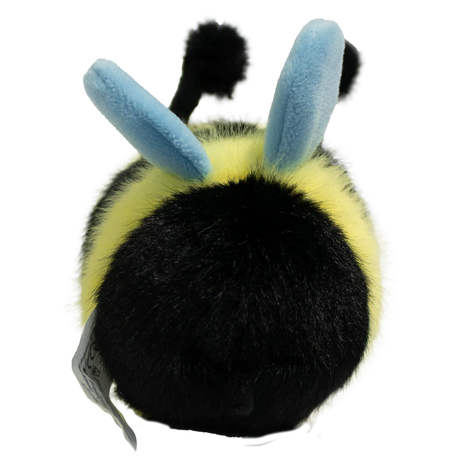 Cute plush bee toy with a fuzzy yellow and black body, smiling face, black antennae, and blue wings, set against a white background.