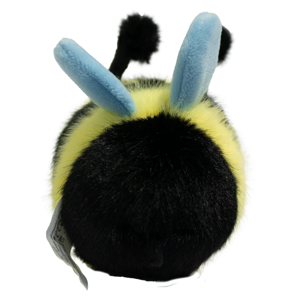 Cute plush bee toy with a fuzzy yellow and black body, smiling face, black antennae, and blue wings, set against a white background.