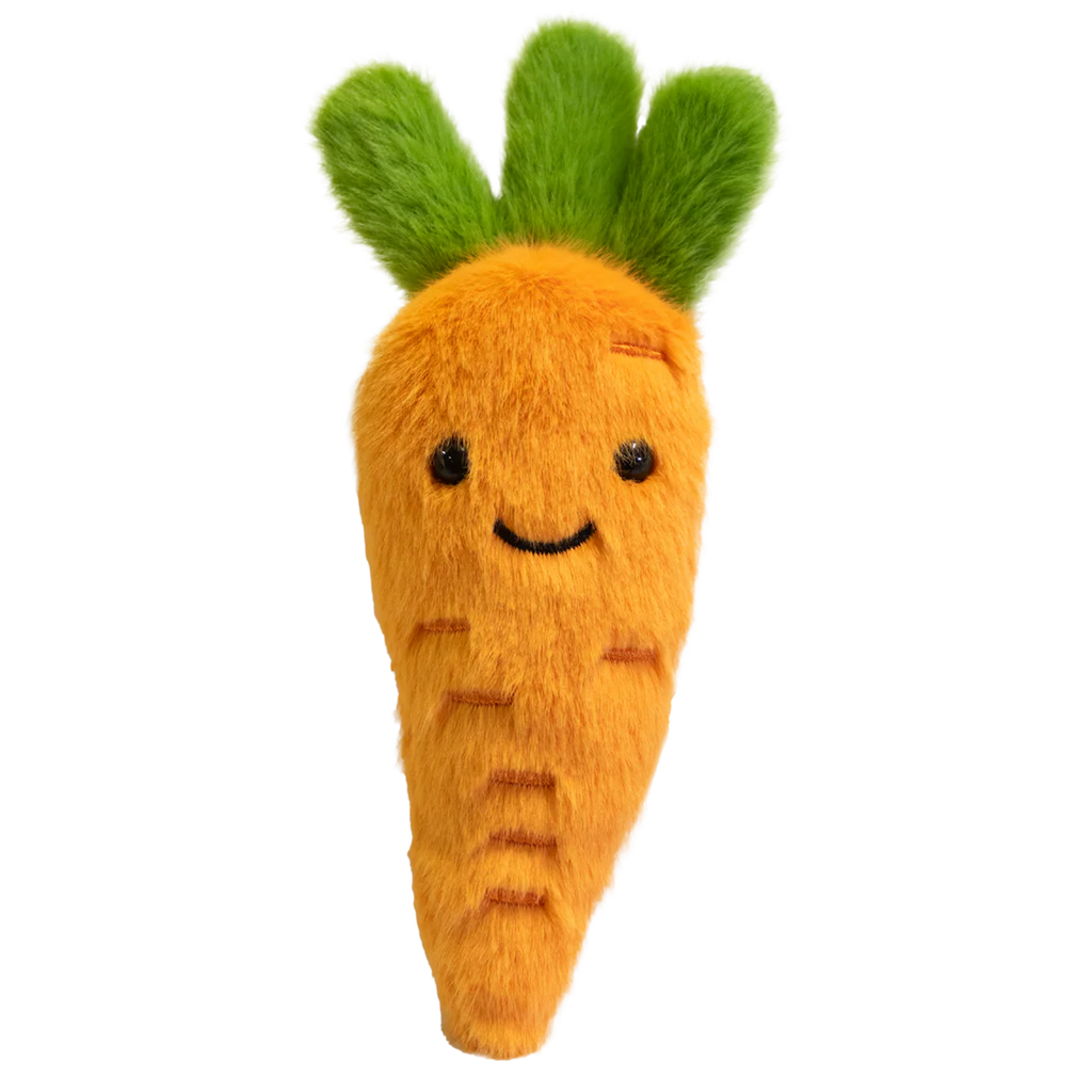 Cute plush carrot with vibrant orange body and fluffy green top. Features a smiling face and small, embroidered details on a white background.