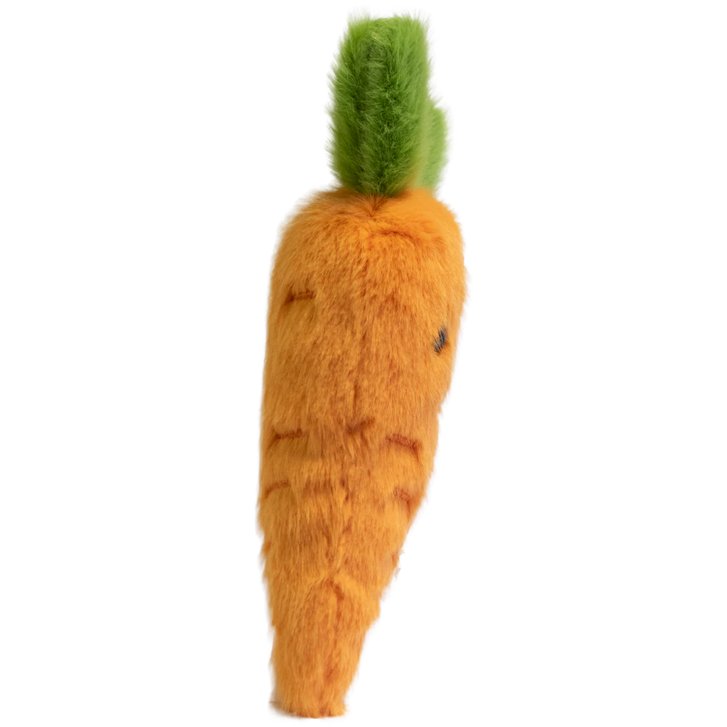 Cute plush carrot with vibrant orange body and fluffy green top. Features a smiling face and small, embroidered details on a white background.